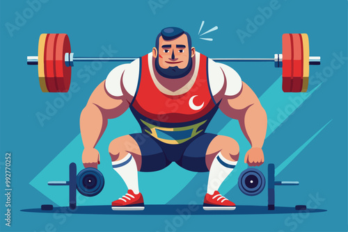 A muscular man performs a barbell lift with enthusiasm in a bright gym atmosphere, Customizable illustration of disproportionate eyes.