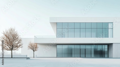 Modern White Building with Large Glass Windows and Two Small Trees