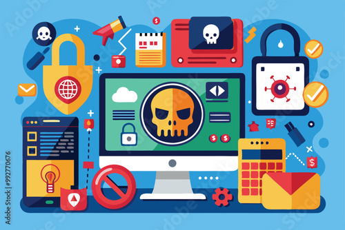This vibrant illustration features various elements depicting disproportionate ransomware threats, Customizable illustration of disproportionate ransomware.