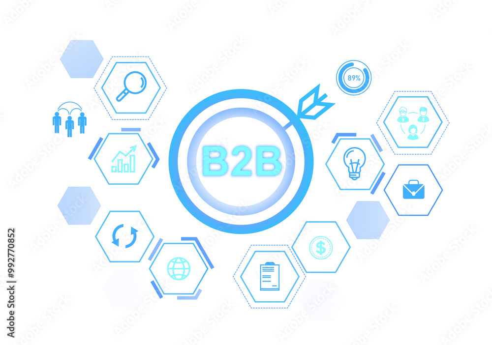 Illustration showing B2B marketing concepts with various icons in blue neon style. Isolated on white background. signifying business strategies Illustration showing B2B marketing concepts with various icons in blue neon style. Isolated on white background. signifying business strategies