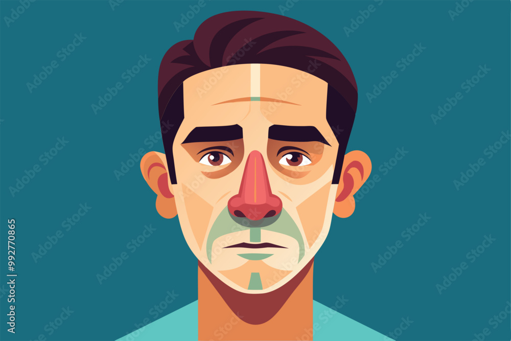 A customizable illustration showcases a man with an exaggerated rhinoplasty look against a teal background, Customizable illustration of disproportionate rhinoplasty. A customizable illustration showcases a man with an exaggerated rhinoplasty look against a teal background, Customizable illustration of disproportionate rhinoplasty.