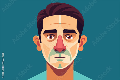 A customizable illustration showcases a man with an exaggerated rhinoplasty look against a teal background, Customizable illustration of disproportionate rhinoplasty.