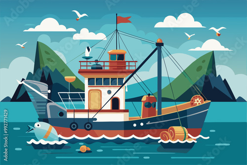 A colorful trawler navigates calm waters near green mountains with seagulls soaring overhead, Customizable illustration of disproportionate trawl fishing.