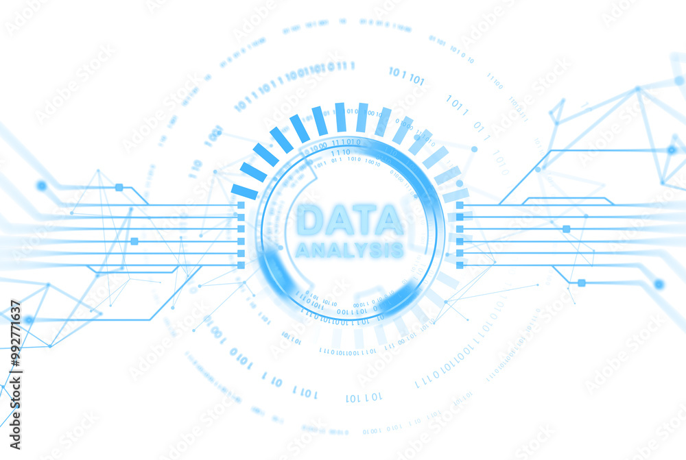 Obraz premium Futuristic digital interface with Data Analysis text, blue neon elements. Isolated on white background. concept of technology and analytics