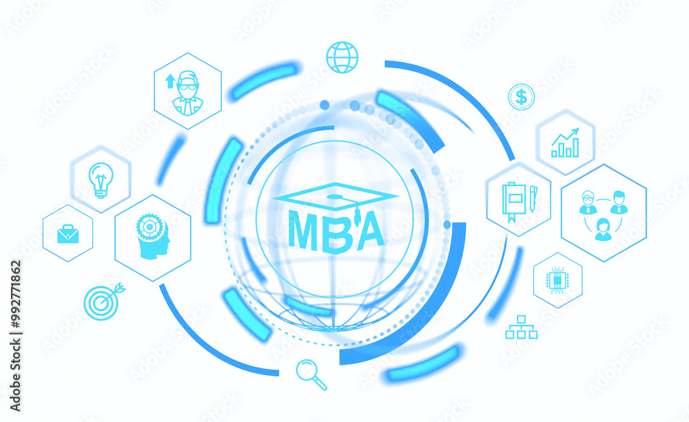 MBA concept with blue icons and graphics. Isolated on white background. Focus on business, management education, and related skills MBA concept with blue icons and graphics. Isolated on white background. Focus on business, management education, and related skills