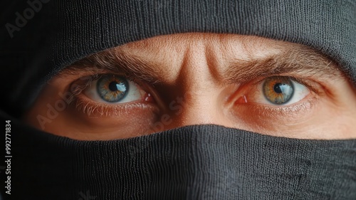 Closeup of a thief s face in a ski mask, with their eyes scanning the room, showing intensity and focus as they plan the next move photo