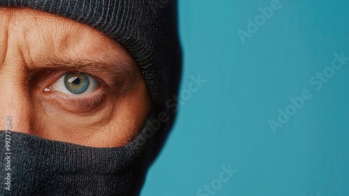 Closeup of a thief s face in a ski mask, with their eyes scanning the room, showing intensity and focus as they plan the next move photo