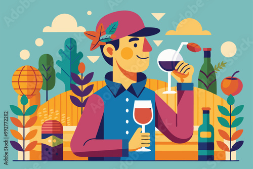 A person savors different styles of wine while surrounded by lush vineyards and colorful foliage, Customizable illustration of disproportionate wine drinking.