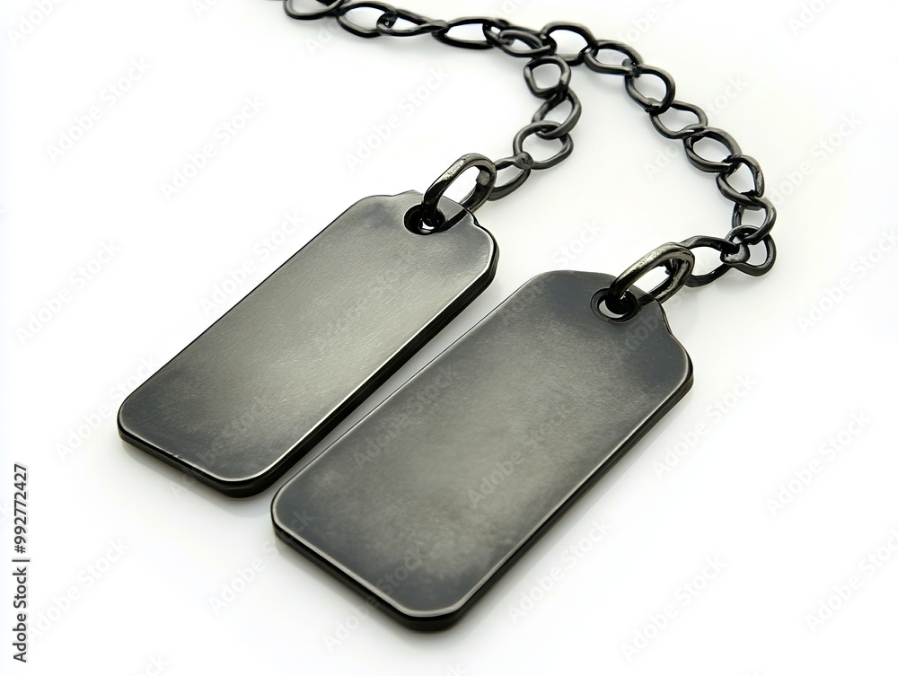 Fototapeta premium A pair of black dog tags on a chain on a white background