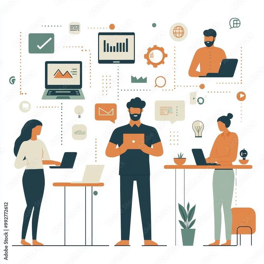 Fototapeta premium Diverse Professionals Engaging in Virtual Connection Through Technology in a Modern Office Setting During a Productive Workday