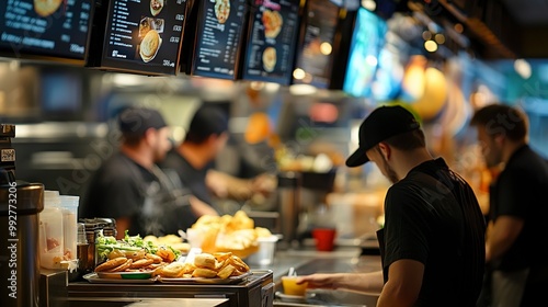 A busy fast food restuarent counter with employees selling fast food photo