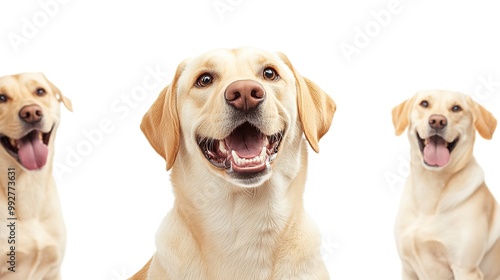 Animals pets dog banner panorama long - Collection of funny cute crazy laughing lying, jumping, standing, sitting beige yellow labrador retrievers dogs, isolated on white background 