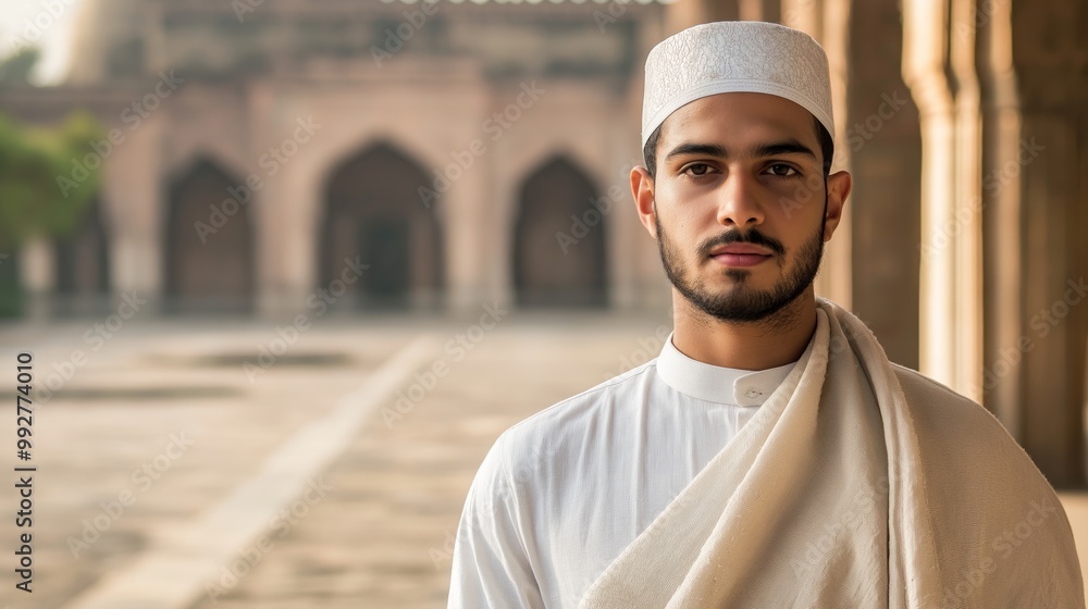 Fototapeta premium Portrait of a Young Sunni Muslim Cleric in Traditional Attire Standing Outdoors, India Setting