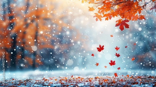 Fototapeta Naklejka Na Ścianę i Meble -  falling leaves snow autumn, winter season tree 