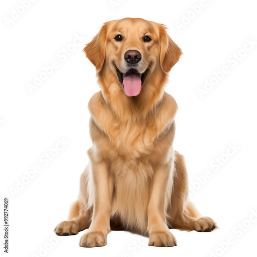 Golden Retriever Sitting Happily With Tongue Out On White Background