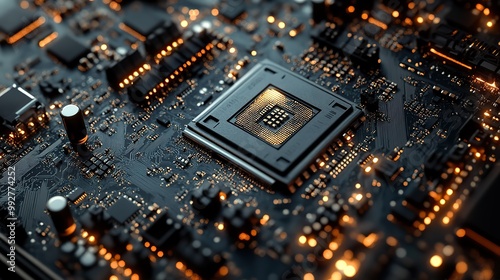 A close-up abstract background of an electronic mainboard, showcasing CPU and motherboard components in a tech-inspired design.