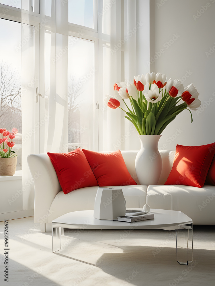 Naklejka premium modern living room decorated with yellow flowers , living room with white and red tone