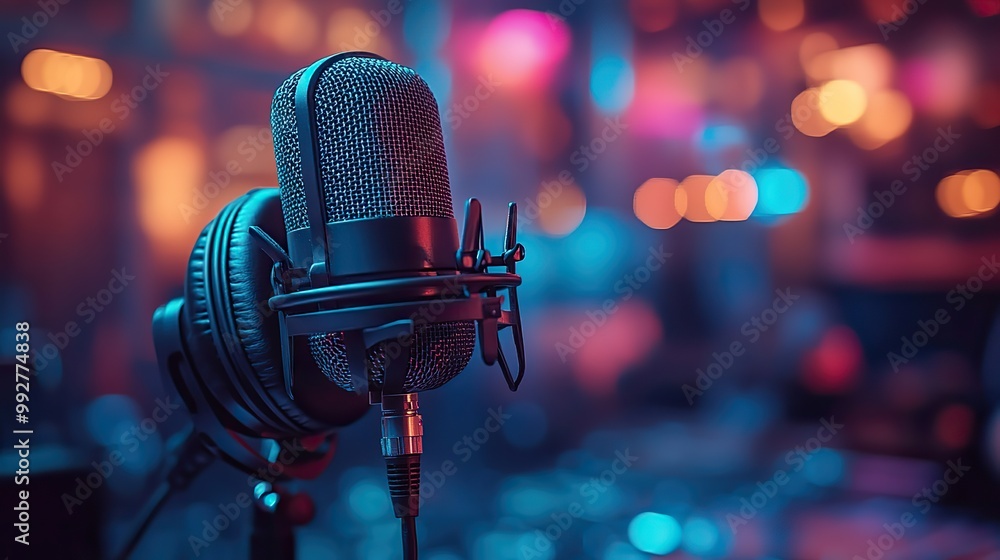 A close-up of a microphone and headphones on a stand, illuminated by neon lights, depicting modern sound recording technology. A close-up of a microphone and headphones on a stand, illuminated by neon lights, depicting modern sound recording technology.