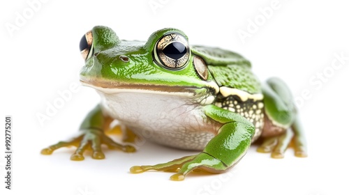 A closeup of a green frog isolated on a white background 