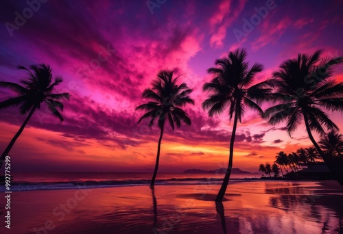 vibrant seaside sunset silhouette dark palm trees colorful sky, beach, coast, ocean, horizon, orange, purple, blue, evening, tropical, nature, scenery