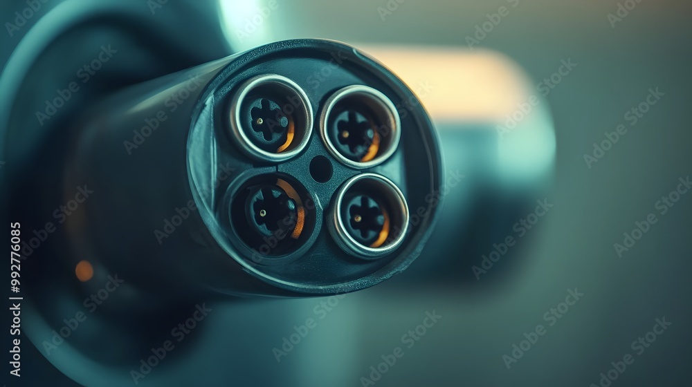 4. A macro view of the connector of an EV charger, capturing the intricate details and metallic textures against a blurred background 4. A macro view of the connector of an EV charger, capturing the intricate details and metallic textures against a blurred background