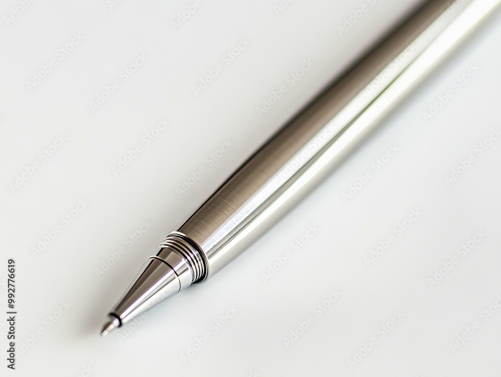 A silver pen sitting on top of a white surface A silver pen sitting on top of a white surface