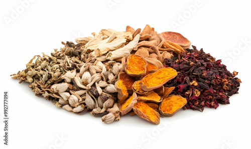 Group of Chinese dried herbs close up to make a healthy soup or bouillon