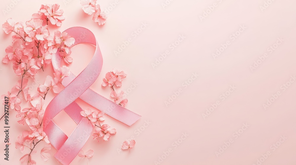 Delicate pink ribbon with floral motif on light pink background, symbolizing Breast Cancer Awareness Month in October. Delicate pink ribbon with floral motif on light pink background, symbolizing Breast Cancer Awareness Month in October.