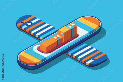 This illustration showcases a para snowboard with bright colors and sleek isometric design elements, Customizable illustration of para snowboard in isometric view.