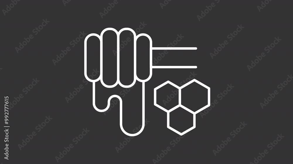 Honey white line animation. Propolis animated icon. Honeycomb popping up. Bee pollen, beekeeping. Sweetener healthy. Isolated illustration on dark background. Transition alpha video. Motion graphic Honey white line animation. Propolis animated icon. Honeycomb popping up. Bee pollen, beekeeping. Sweetener healthy. Isolated illustration on dark background. Transition alpha video. Motion graphic