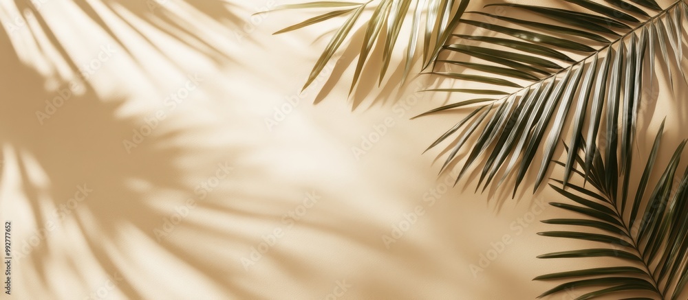 Fototapeta premium A serene close-up of palm fronds casting soft shadows on a sandy, textured background, evoking a tropical and calming ambiance.