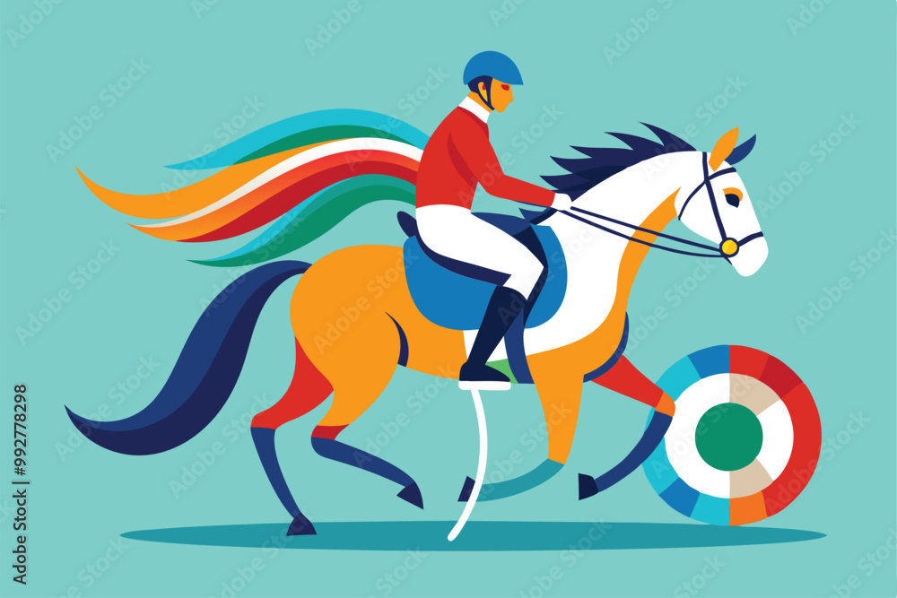 A paralympic equestrian athlete rides a vibrant horse while competing in an event with flair, Customizable Paralympic equestrian illustration A paralympic equestrian athlete rides a vibrant horse while competing in an event with flair, Customizable Paralympic equestrian illustration