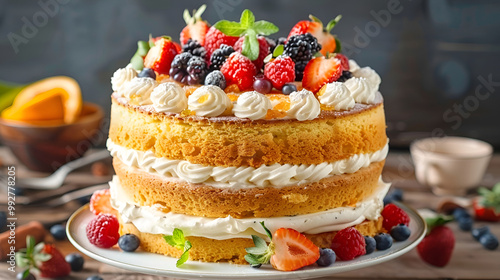 Wallpaper Mural cake with berries, Homemade sponge cake with cream and fresh berries, Carrot and orange cake, decorated with berry, sweet dessert, Whole deliciouse cake, birthday cake Torontodigital.ca