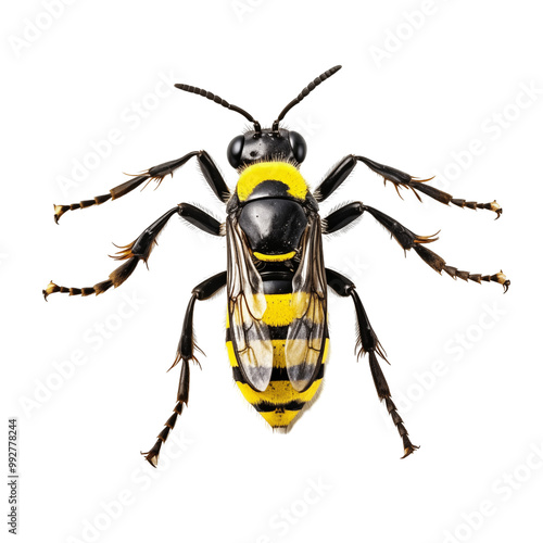 Close-Up Of Black And Yellow Bee With Detailed Wings On White Background