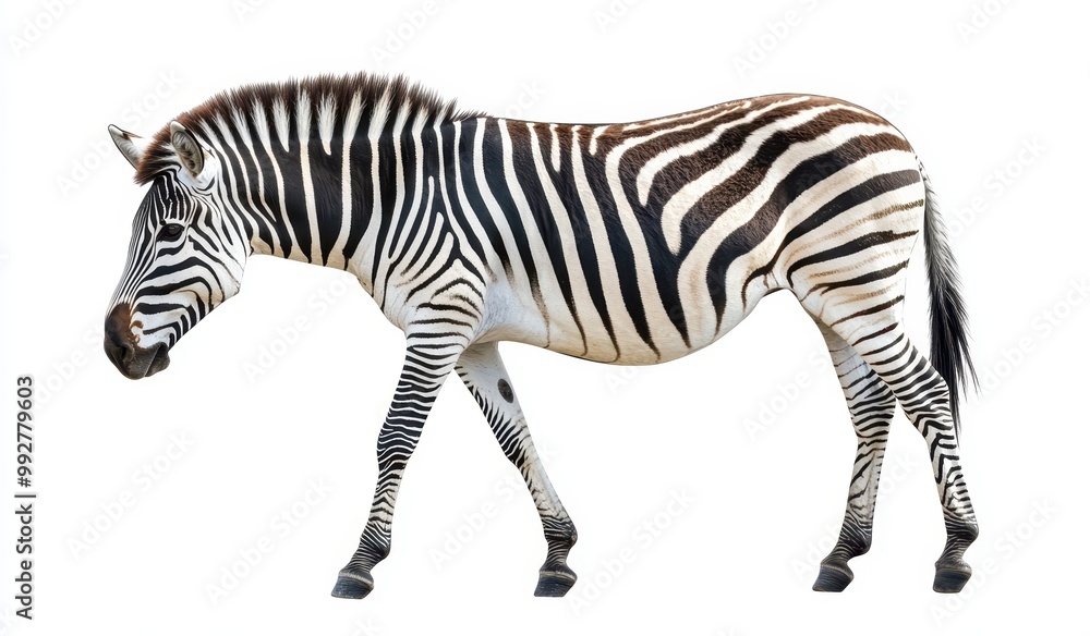 Fototapeta premium A zebra walks gracefully, showcasing its distinctive black and white stripes in a natural pose.