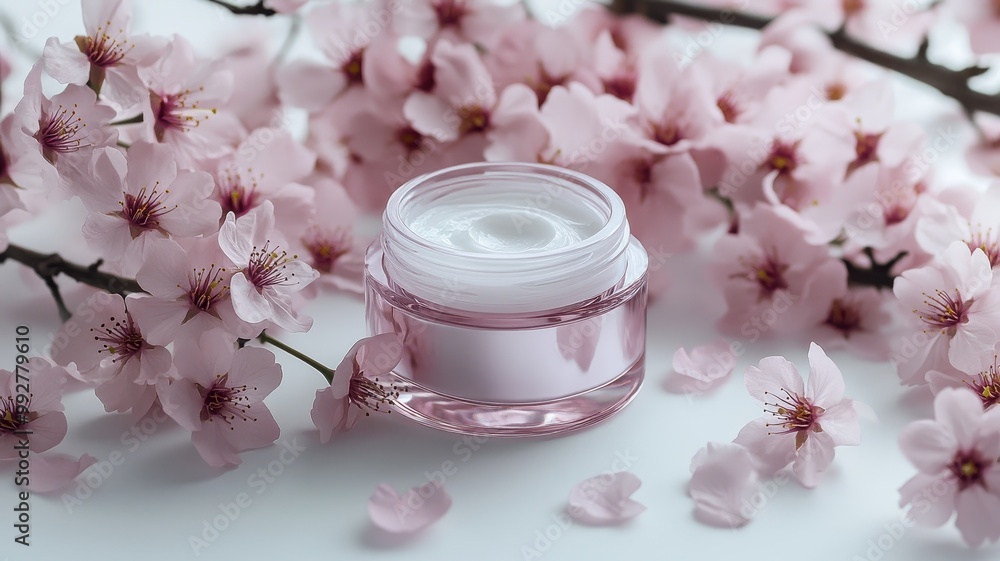 A beauty cream jar is surrounded by delicate pink cherry blossoms, creating a serene and aesthetic composition. A beauty cream jar is surrounded by delicate pink cherry blossoms, creating a serene and aesthetic composition.