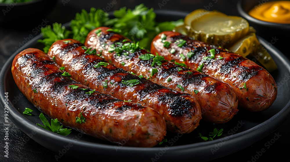 A vibrant platter of grilled sausages with mustard and pickles on the side A vibrant platter of grilled sausages with mustard and pickles on the side