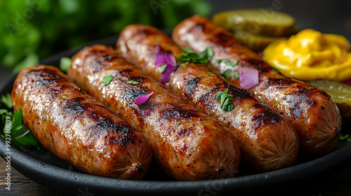 A vibrant platter of grilled sausages with mustard and pickles on the side