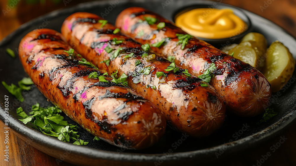 A vibrant platter of grilled sausages with mustard and pickles on the side A vibrant platter of grilled sausages with mustard and pickles on the side