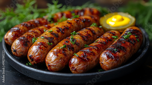 A vibrant platter of grilled sausages with mustard and pickles on the side