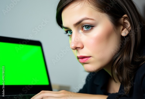 Close up of a woman with a serious expression working on a lapto photo