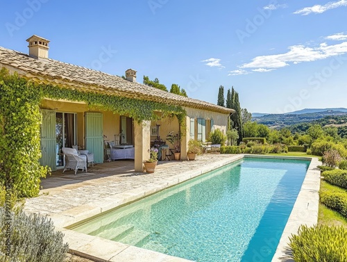  A luxurious house in the Provence region of France, with an outdoor pool and a view over rolling hills. The villa is decorated in the traditional Provençal style. Created with Ai