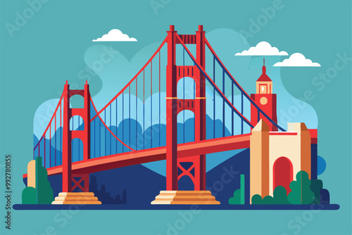 A colorful and creative depiction of the Golden Gate Bridge highlights its iconic design against a scenic backdrop, Customizable flat illustration of the San Francisco bridge.