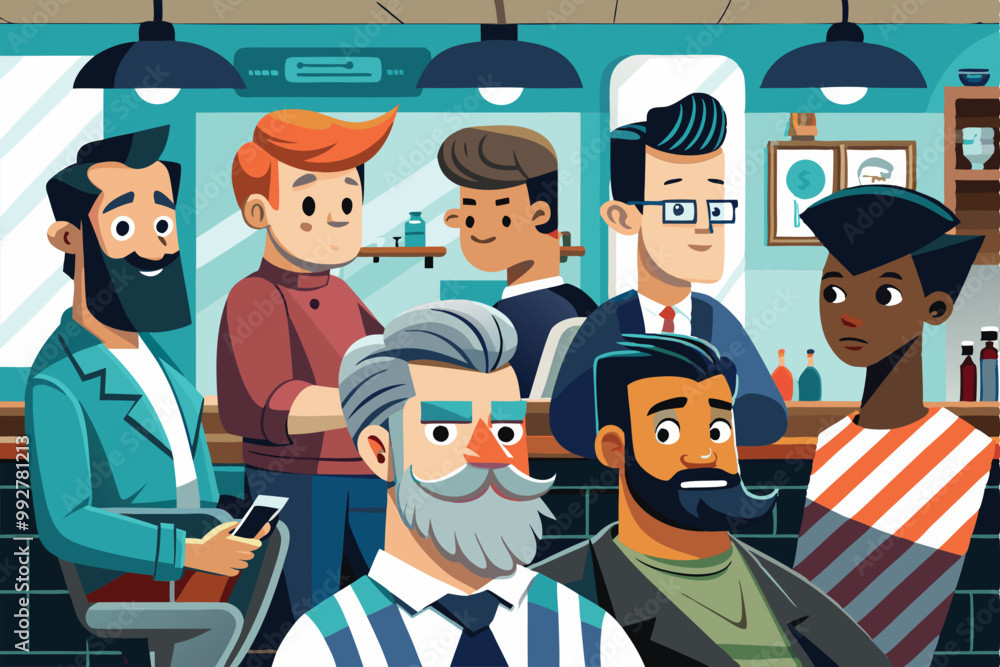 Obraz premium Clients are sitting and waiting at a bustling barbershop, sharing a casual atmosphere and conversation, Customizable isometric illustration of clients waiting at a barbershop.