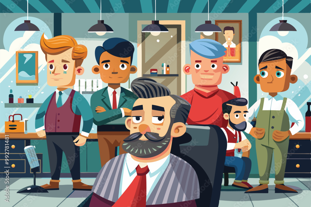 Obraz premium Several clients are waiting in a barber shop while one is seated for a haircut, Customizable isometric illustration of clients waiting at a barbershop.