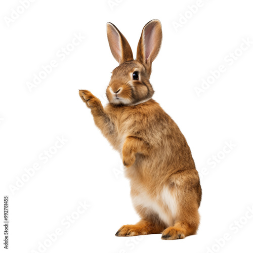 Adorable Brown Rabbit Standing On Hind Legs Isolated Against White Background