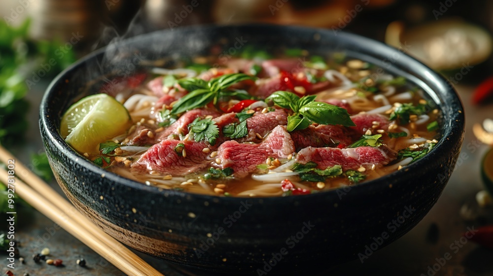 Steaming bowl of Vietnamese pho with beef, noodles, herbs, and lime wedge. Steaming bowl of Vietnamese pho with beef, noodles, herbs, and lime wedge.