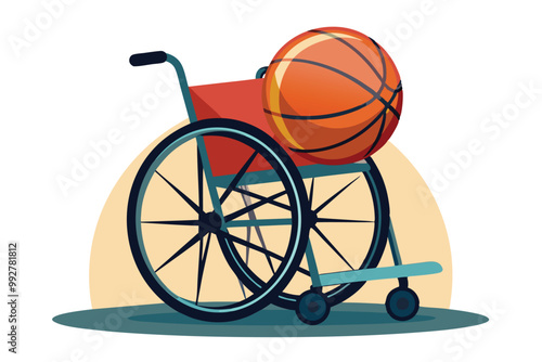 A bright illustration showcases a wheelchair with a basketball on it, emphasizing adaptive sports, Customizable flat illustration of wheelchair basketball.