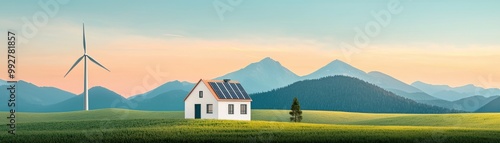 A serene landscape featuring a house, mountains, and a wind turbine, showcasing nature and sustainable living in harmony.