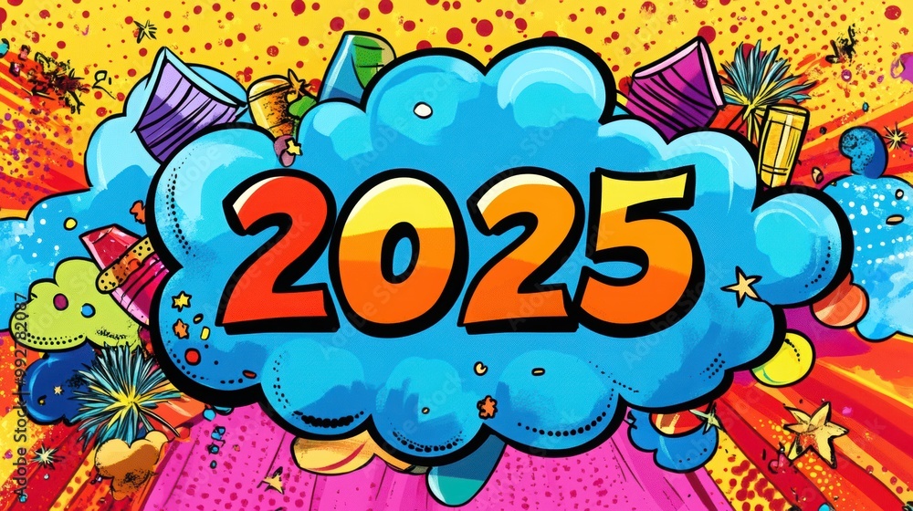 Banner New Year 2025 in pop art and comics book style. Banner New Year 2025 in pop art and comics book style.